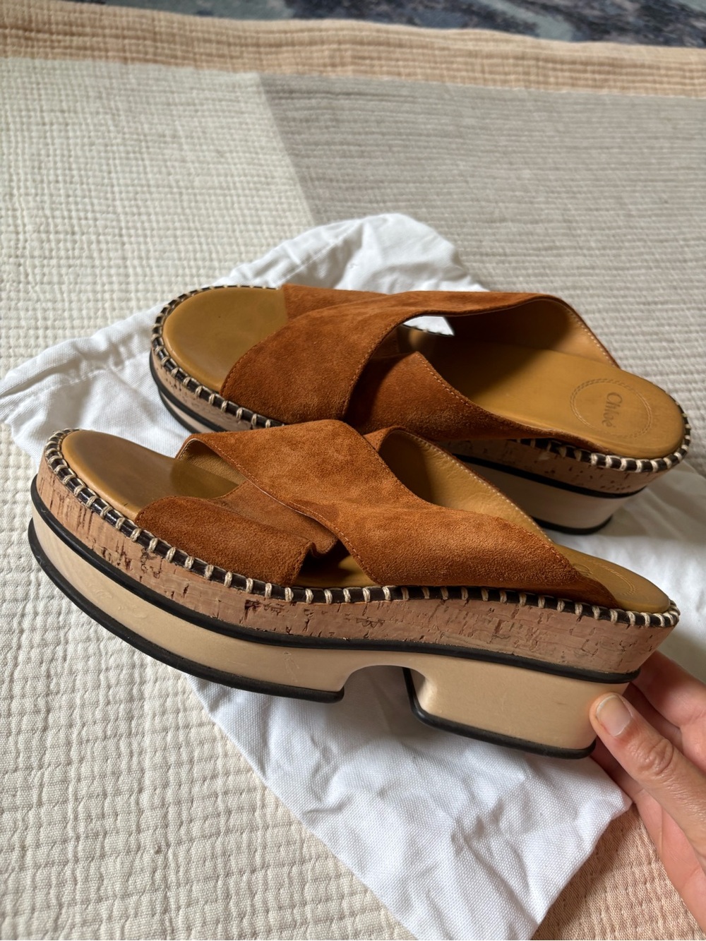 Chloe Suede Platform Slide Mules in Cognac Brown